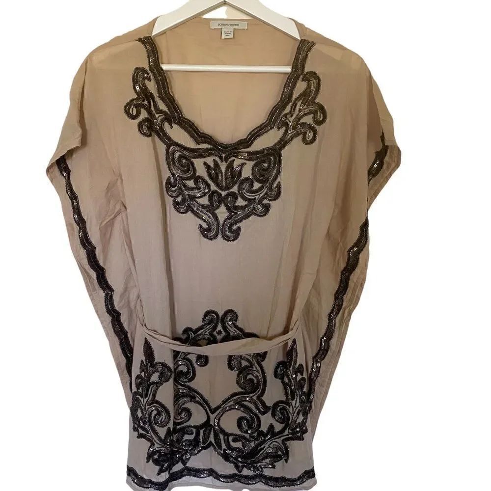 Boston Proper tan embroidered belted tunic short sleeve small